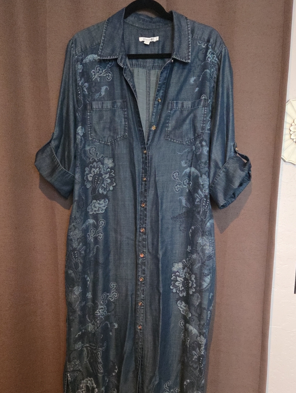 Chico's Denim Floral Maxi Shirt Dress - Blue Size 14